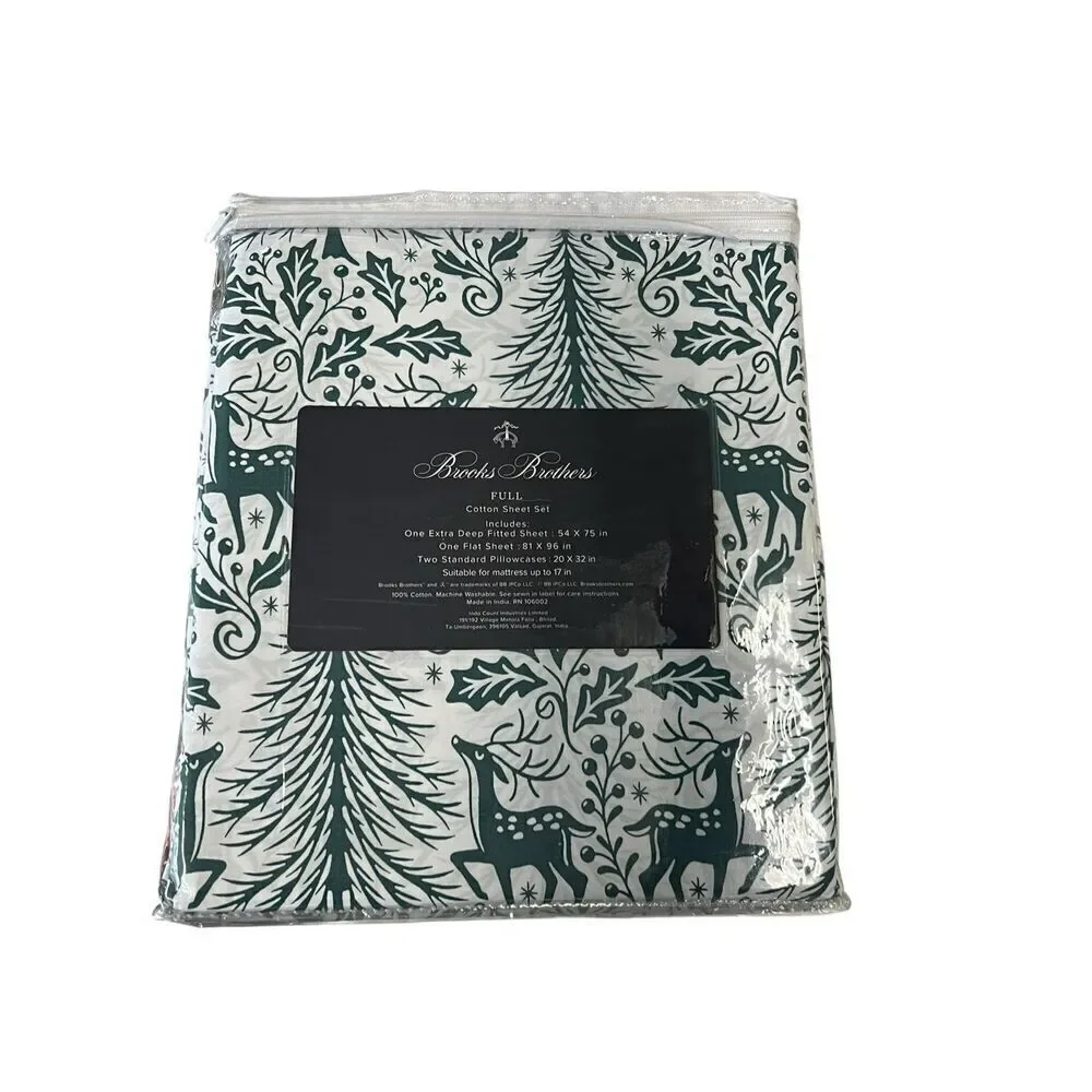 Brooks Brothers Holiday Christmas Print 100% Cotton Full Sheet Set White Green